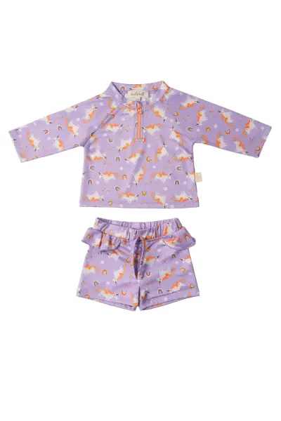 UV Korumalı Alt Üst Kız Bebek Set - Rainbow Unicorn Lilac 18-24 Ay