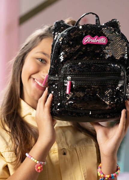 Mini Payetli Kitty Sırt Çantası - Siyah