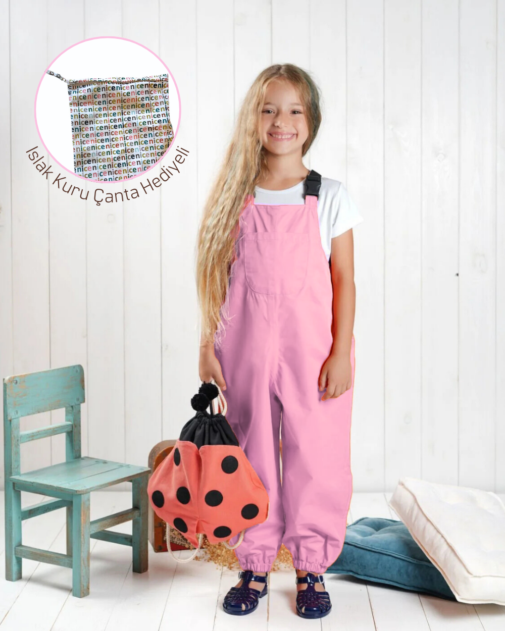 NiceKids Yağmur Tulumu Çocuk/ Pink (Islak Kuru Çantası Hediyeli) 104-110 cm