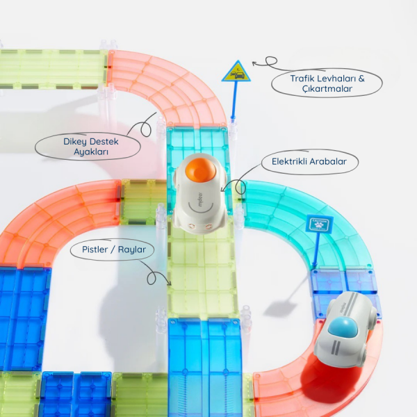 Mideer Magnetic Tiles - Arabalı Yarış Pisti